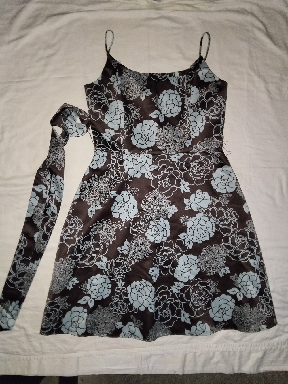 Jessica Howard Black Mini Dress with Pale Blue Floral Print and Self-Tie Sash